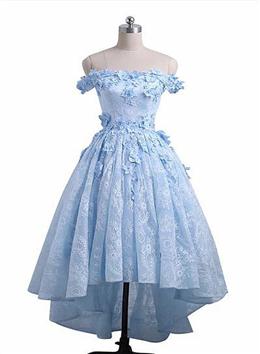 Picture of Pretty Off the Shoulder Blue Prom Dress Lace Applique,  High Low Prom Dresses